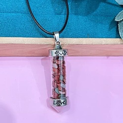Красный Камень Кулон из цинкового сплава со стеклянной шестиугольной бутылкой, внутри которой находится кулон из натуральной красной яшмы, и ожерелье из черного шнура из искусственной кожи., платина, 19.69 дюйм (50 см)