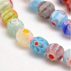 Mixed Color Faceted Millefiori Glass Round Beads Strands, Mixed Color, 6mm, Hole: 1mm, about 64pcs/strand, 14.1 inch