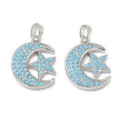 Stainless Steel Color Brass Rhinestone Pendants, Moon with Star Charms, Stainless Steel Color, 18.5x14.5x3mm, Hole: 5x3mm