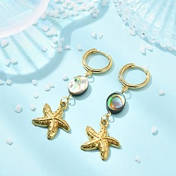 Starfish Ocean 304 Stainless Steel and Paua Shell Dangle Earrings, with Brass Huggie Hoop Earrings, Golden, Starfish, 52mm