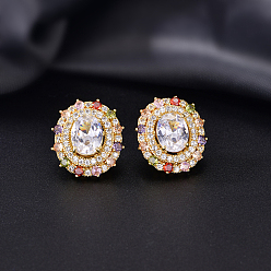 Claro Aretes de latón con micro pavé de zirconia cúbica para mujer, oval, dorado, Claro, 20x18.2 mm