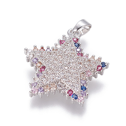 Platinum Brass Cubic Zirconia Pendant, Star, Colorful, Platinum, 24x22x3mm, Hole: 4mm