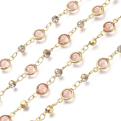 Pink Латунные соединительные цепи ручной работы, С граненым стеклом, горный хрусталь и шпуля, пайки, долговечный, плоско-круглые, золотые, розовые, стеклянные звенья: 13x6.5x3 мм, горный хрусталь ссылки: 8x4x3.5мм, ссылка: 4.5x2.5x0.4 mm, около 32.8 футов (10 м) / рулон