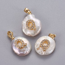 Letter Q Подвески из натурального пресноводного жемчуга, с латунными микро проложить кубических выводы циркония, самородки с буквой, долговечный, золотые, прозрачные, letter.q, 17~27x12~16x6~12 мм, отверстие : 4x2.5 мм