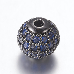 Прусский Синий Латунные микро проложить кубического циркония бусы, круглые, металлический черный , берлинская лазурь, 8 мм, отверстие : 1.5 мм