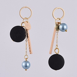 Light Blue Stud Earrings, with Flat Round Pear Wood Beads, Glass Pearl Round Beads, 304 Stainless Steel Cable Chains, Brass Pendants & Stud Earring Findings & Ear Nuts, Light Blue, 60~68mm, Pin: 0.6mm, Pendant: 48~49x15x8mm