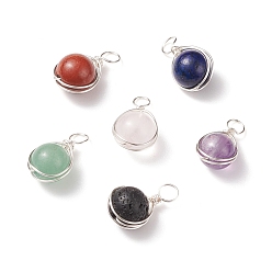 Смешанные камни Природные каменные смешанные подвески, с обернутой медной проволокой серебристого цвета, смешанные окрашенные и неокрашенные, круглые, 16x9.5x8.5 мм, отверстие : 2.9~3.5 мм