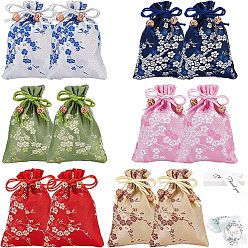 Mixed Color 52Pcs 8 Style Silk Pouches, Drawstring Bag, with Paper Tag and Paper Hang Gift Tags, Mixed Color, 7~14x2~10x0.03~0.5cm
