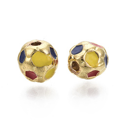 Plaqué 18K Or Véritable Perles en laiton, avec l'émail, ballon de football / soccer, sans nickel, réel 18 k plaqué or, 7.5mm, Trou: 1.6mm