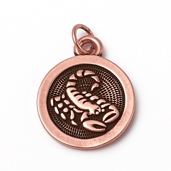 Скорпион Латунные подвески, с прыжковых колец, долговечный, плоский круг со знаком 12 созвездия / зодиака, античный розового золота, Скорпион, 18.5x15x2 мм, переходное кольцо: 5x0.7 мм, внутренний диаметр: 3.6 мм