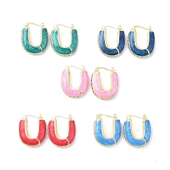 Mixed Color Enamel Half Round Hoop Earrings with Clear Cubic Zirconia, Real 18K Gold Plated Brass Jewelry for Women, Lead Free & Cadmium Free, Mixed Color, 22x18.5x6.5mm, Pin: 0.8~1.3x0.7mm