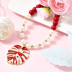 (123L) Белый крем непрозрачный блеск Ожерелья из круглых бусин из листового сплава с эмалью, окрашенной синтетической бирюзой и пластиковым жемчугом для женщин, золотые, огнеупорный кирпич, 17.13 дюйм (43.5 см)