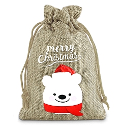 Темный Хаки Рождественские сумки на шнурке с принтом из мешковины, принадлежности для хранения конфет, прямоугольные, Темный хаки, 14x10 см