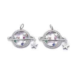 Платинированный Латунные микро-паве красочные кубические циркониевые подвески, с прыжковых колец, долговечный, звезды звездочкой, Реальная платина, 18x24x3 мм