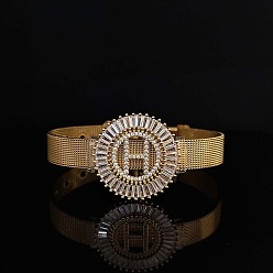 Letter H Латунные браслеты с микропаве из прозрачных кубических цирконий для женщин, плоские круглые с буквы, реальный 18 k позолоченный, Письмо ч, 8-1/4 дюйм (21 см)