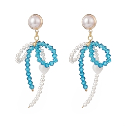 Deep Sky Blue Shell Pearl & Glass Bowknot with Heart Dangle Stud Earrings, Brass Jewelry for Women, Deep Sky Blue, 73mm, Pin: 0.9mm