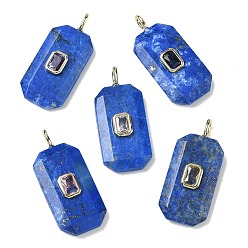 Ляпис-Лазурь Граненые подвески из натурального лазурита, прямоугольные подвески с латунной микропаве кубическими цирконами случайных цветов, золотые, 34.5x15x6 мм, отверстие : 4x2 мм