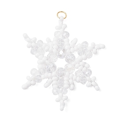 Белый Подвески-снежинки из стеклянных бусин, с 304 соединительным кольцом из нержавеющей стали и стеклянными бусинами, реальный 18 k позолоченный, граненые, белые, 36x33x4 мм, отверстие : 2.5 мм