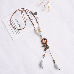 Светло-голубой Регулируемые Y-образные ожерелья с подвеской из этнического сплава, листьев, фарфора и дерева для женщин, античная бронза, светло-голубой, 19.69~27.56 дюйм (50~70 см)