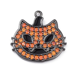 Gunmetal Rack Plating Brass Cubic Zirconia Pendants, Lead Free & Cadmium Free, Cat Charm, Gunmetal, 19.5x20x1.7mm, Hole: 1.2mm
