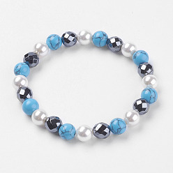 Synthetic Turquoise Synthetic Hematite Beads Stretch Bracelets, with Synthetic Turquoise and Shell Beads, 2-1/4 inch(57mm)