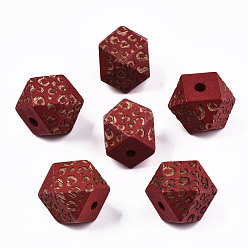 (123L) Белый крем непрозрачный блеск Расписные бусы из натурального дерева, лазерная гравировка, граненые, многоугольник с леопардовым принтом, огнеупорный кирпич, 16x15.5~16.5x15.5~16.5 мм, отверстие : 3 мм