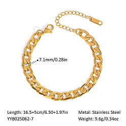 Real 18K Gold Plated 7.1MM 304 Stainless Steel Cuban Link Chain Bracelets, Real 18K Gold Plated, 6.50 inch(16.5cm)