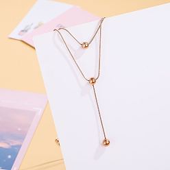 Розовое Золото 304 двухслойные ожерелья из нержавеющей стали с круглыми шариками для женщин, розовое золото , 13.78~15.75 дюйм (35~40 см)