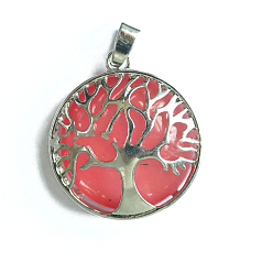 Cherry Quartz Glass Cherry Quartz Glass Pendants, Tree of Life Metal Charms, Platinum, 27x27x7mm