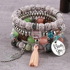 Персиковый Слойка Набор тянущихся браслетов в стиле бохо с натуральными бусинами «луна и звезда» синъюэ бодхи, сплав плоские круглые и кисточки подвески ювелирные изделия для женщин, розовые, 2-3/8 дюйм (6 см)