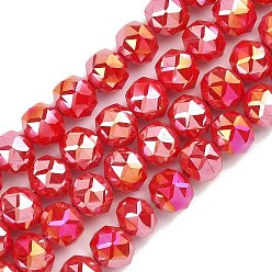 Малиновый Гальванизируйте прозрачное стекло бисер нитей, рондель, граненые, граненые, малиновый, 7.5~8x6.5~7 мм, отверстие : 1.2 мм, около 70 шт / нитка, 19.29~19.37'' (49~49.2 см)