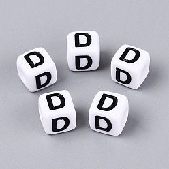 Letter D Opaque Acrylic Beads, Cube with Number, with Enamel, Black, Letter D, 7.5~8x7.5~8x8~8.5mm, Hole: 3.6~4mm, about 1200pcs/500g
