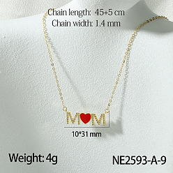 Слово Ожерелья с подвесками из латуни с микропаве из прозрачных кубических цирконий с красной эмалью ко Дню матери, золотые, слово мама, 17.72 дюйм (45 см), Кулон : 31x10 мм