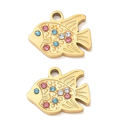 Fish 304 Stainless Steel Rhinestone Pendants, Ion Plating(IP), Golden, Fish Charms, 10x13x1.5mm, Hole: 1.6mm