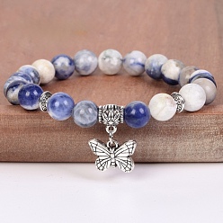 Sodalite 8MM Round Natural Sodalite Beaded Stretch Bracelets with Alloy Butterfly Charms, Antique Silver, 7.48 inch(19cm)