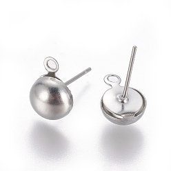 Stainless Steel Color Non-Tarnish Stainless Steel Stud Earring Findings, with Loop, Half Round, Stainless Steel Color, 10.5x8mm, Hole: 1.6mm, Pin: 0.7mm