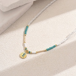 Бирюза Ожерелье в стиле бохо с подвеской в виде рыбы из латуни и стеклянных бусин для женщин, для отпуска и вечеринки, золотые, бирюзовые, 13.98 дюйм (35.5 см)