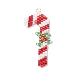 Candy Cane Подвески из стеклянного бисера на рождественскую тематику, с 304 кольцами из нержавеющей стали, шоколадная конфета, 42x19x2 мм, отверстие : 2.5 мм