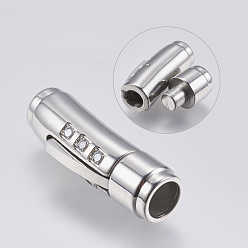 Stainless Steel Color 304 Stainless Steel Bayonet Clasps, with Rhinestone, Tube, Stainless Steel Color, 30.5x9x10mm, Hole: 6mm