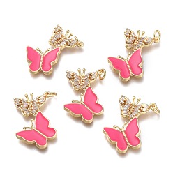 Cerise Brass Micro Pave Clear Cubic Zirconia Pendants, with Enamel and Jump Rings, Butterfly, Golden, Cerise, 28x18.5x3mm, Hole: 3mm