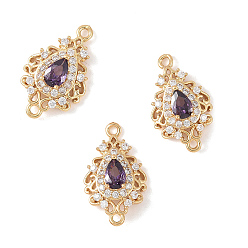 Violet 3Pcs Brass Micro Pave Cubic Zirconia Links Connectors, Long-Lasting Plated, Teardrop, Light Gold, Violet, 20x12x5mm, Hole: 1.4mm