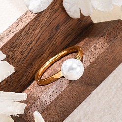 Золотой 304 кольца для пальцев из нержавеющей стали для женщин, с круглой абс пластмассовой имитационной жемчужиной, вакуумное покрытие pvd, золотые, размер США 7 (17.3 мм)