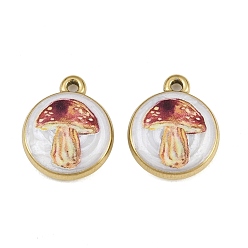 Mushroom Printed 304 Stainless Steel Enamel Pendants, Flat Round Charms, Ion Plating(IP), Real 18K Gold Plated, Mushroom Charms, 18x15x4.5mm, Hole: 1.6mm