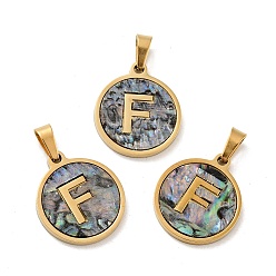 Letter F Вакуумное покрытие pvd 304 нержавеющая сталь с подвесками из ракушек пауа, золотые, плоский круглый с подвеской в виде буквы, буква f, 18x16x1.5 мм, отверстие : 3x6 мм
