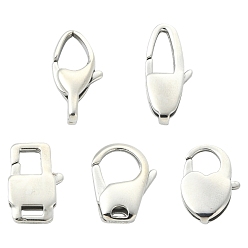 Mixed Shapes 10Pcs 5 Styles 304 Stainless Steel Lobster Claw Clasps, Stainless Steel Color, Mixed Shapes, 16~21x9.5~12.5x3.5~4.5mm, Hole: 1~5x1~3mm, 2pcs/style