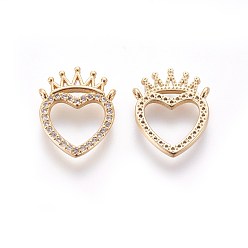 Golden Brass Micro Pave Cubic Zirconia Pendants, Heart with Crown, Clear, Golden, 17x14x2mm, Hole: 1mm