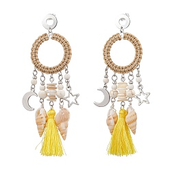 Желтый Оболочки серьги стержня, с 304 фурнитурой для сережек-гвоздиков из нержавеющей стали и бусиной из синтетического магнезита, плоско-круглые, цвет нержавеющей стали, желтые, 95x28 мм