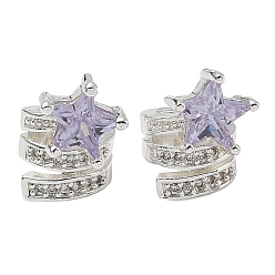Lilac Brass Micro Pave Cubic Zirconia European Beads, Large Hole Beads, Twisted Column & Star, Silver, Lilac, 13x9.5x12mm, Hole: 6mm