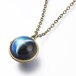 Planet Ожерелье из стекла, с тросовыми цепями из сплава и застежками-клешнями, без кадмия и без свинца, круглые, античная бронза, узор галактики, 20.07 дюйм (51 см), подвески: 24x21x19 мм