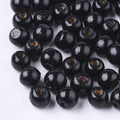 Black Dyed Natural Wood Beads, Round, Lead Free, Black, 16x15mm, Hole: 4mm, about 800pcs/1000g